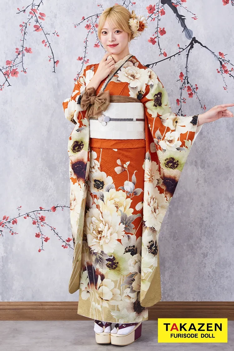 TAKAZENのレンタル振袖 安い！お得にレンタル　九重×中村里砂ブランド振袖　テラコッタ　人と被らない　華やか　目立つ　おしゃれ【通販可】K388