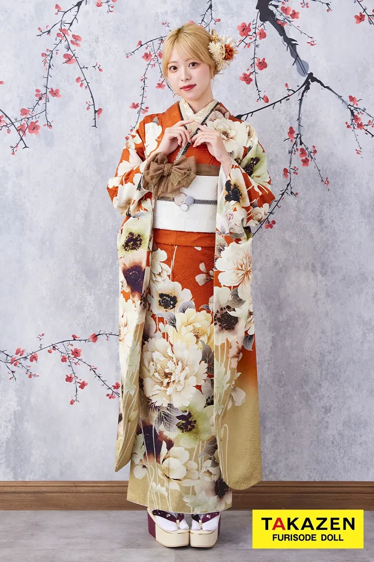 TAKAZENのレンタル振袖 安い！お得にレンタル　九重×中村里砂ブランド振袖　テラコッタ　人と被らない　華やか　目立つ　おしゃれ【通販可】K388