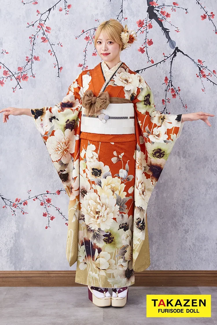 TAKAZENのレンタル振袖 安い！お得にレンタル　九重×中村里砂ブランド振袖　テラコッタ　人と被らない　華やか　目立つ　おしゃれ【通販可】K388