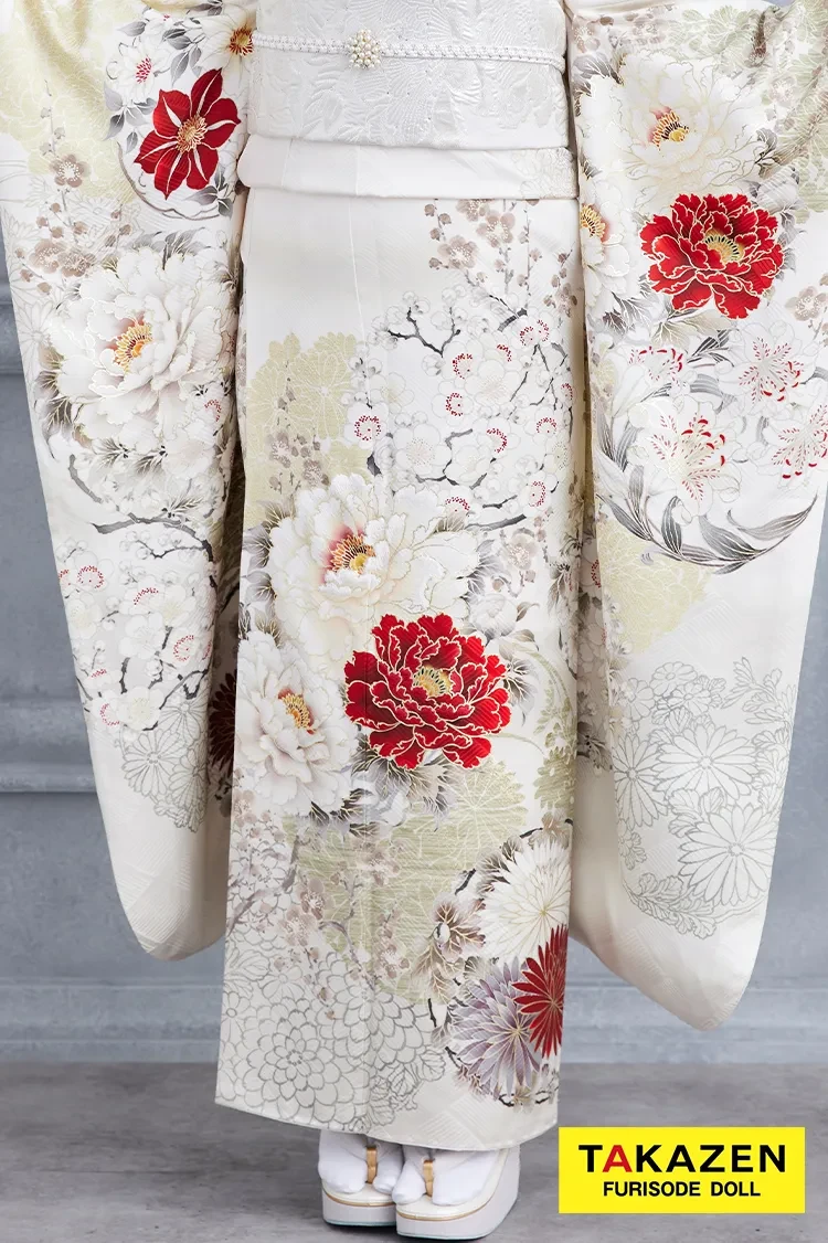 TAKAZENのレンタル振袖 正統派古典　白/赤　華徒然×吉木千沙都ブランド振袖　ワンポイント　きれいめ　大人っぽい　上品な振袖【通販可】K612　