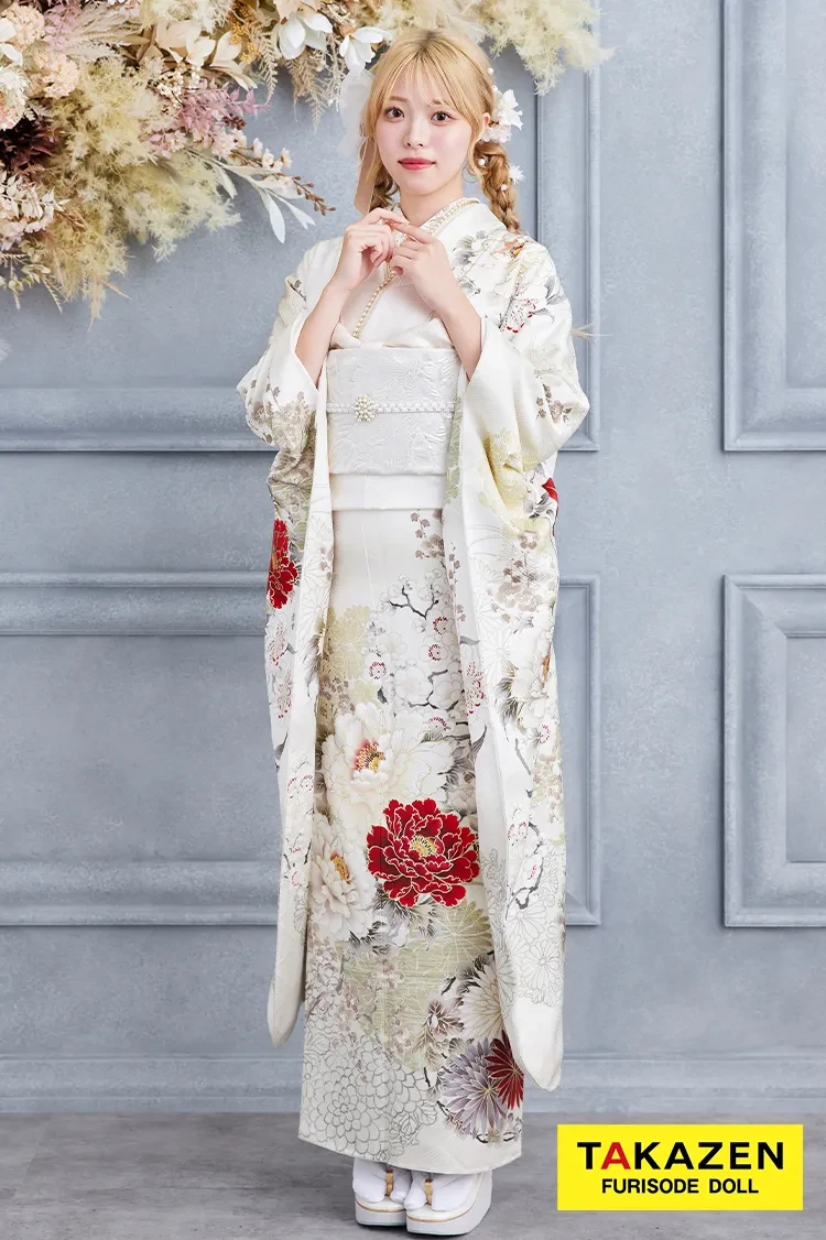 TAKAZENのレンタル振袖 正統派古典　白/赤　華徒然×吉木千沙都ブランド振袖　ワンポイント　きれいめ　大人っぽい　上品な振袖【通販可】K612　