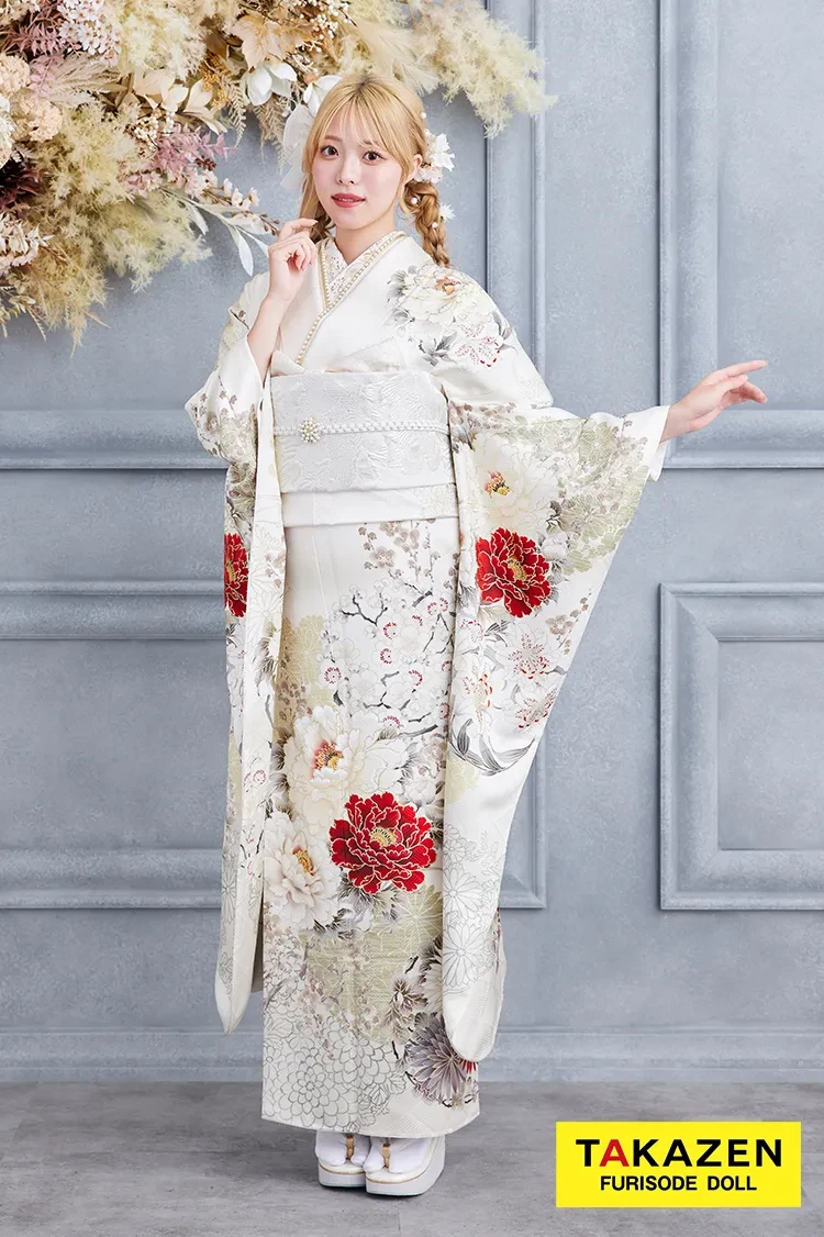 TAKAZENのレンタル振袖 正統派古典　白/赤　華徒然×吉木千沙都ブランド振袖　ワンポイント　きれいめ　大人っぽい　上品な振袖【通販可】K612　