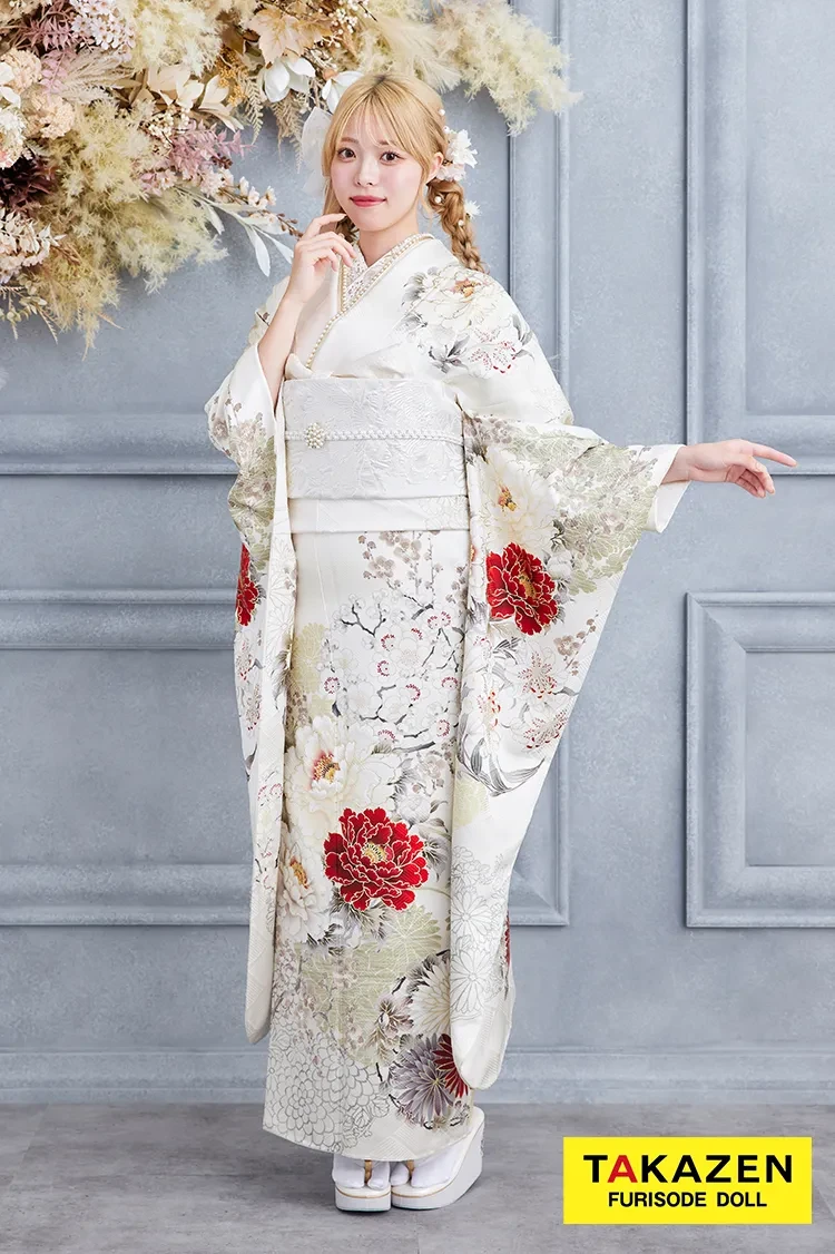 TAKAZENのレンタル振袖 正統派古典　白/赤　華徒然×吉木千沙都ブランド振袖　ワンポイント　きれいめ　大人っぽい　上品な振袖【通販可】K612　
