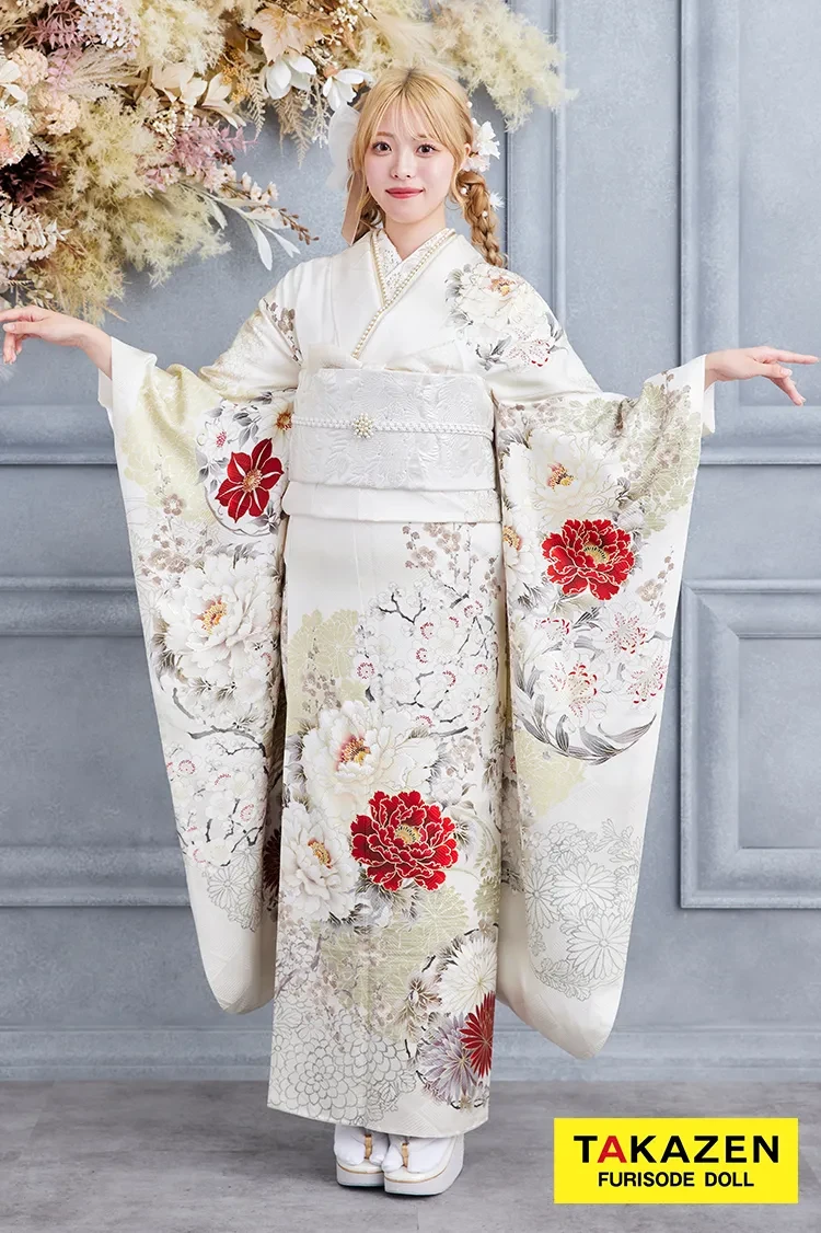 TAKAZENのレンタル振袖 正統派古典　白/赤　華徒然×吉木千沙都ブランド振袖　ワンポイント　きれいめ　大人っぽい　上品な振袖【通販可】K612　