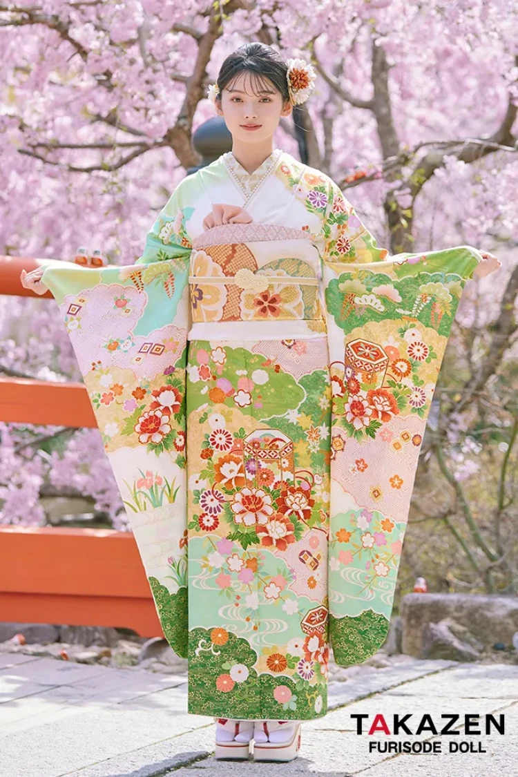 TAKAZEN橿原　奈良　橿原　成人式　振袖　振袖レンタル　前撮り　卒業式　袴レンタル最高級プレミアム古典柄振袖　吉澤織物/最高級染繍桶絞り友禅　黄緑/緑　貝桶柄　はんなり　かわいらしい　高級振袖　南琴奈【通販可】LB35
