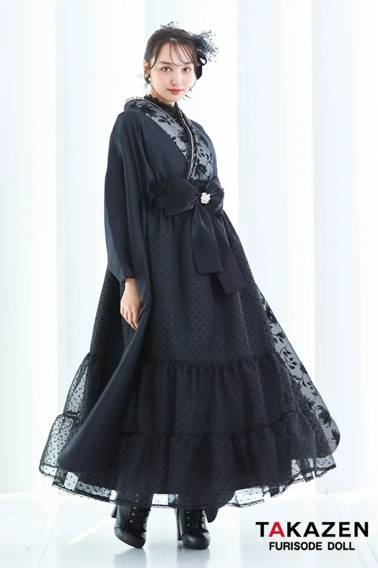 TAKAZENのレンタル袴 ヴィンテージスタイル袴　黒/ブラック　フロッキー生地　おしゃれ　スタイリッシュ　リボン付きドレス袴　香川るな【通販可】LH4