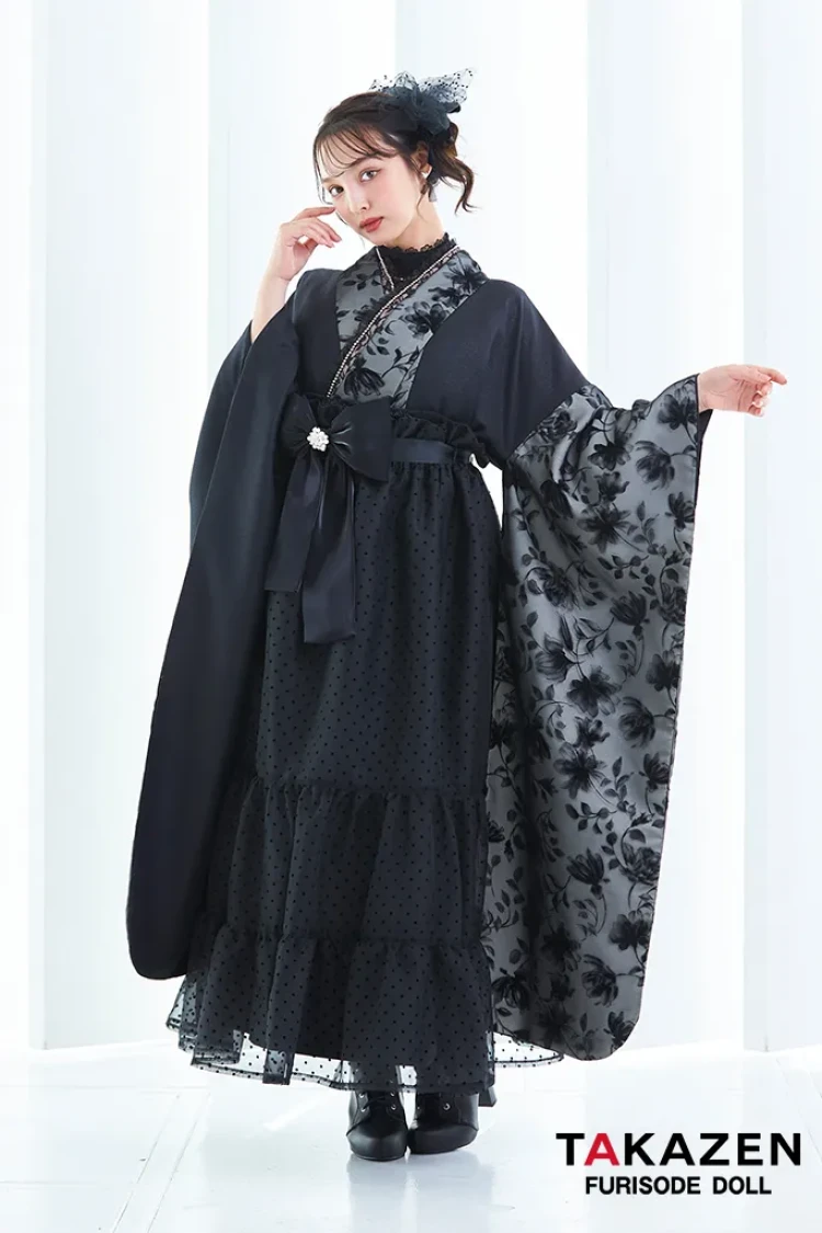 TAKAZENのレンタル袴 ヴィンテージスタイル袴　黒/ブラック　フロッキー生地　おしゃれ　スタイリッシュ　リボン付きドレス袴　香川るな【通販可】LH4