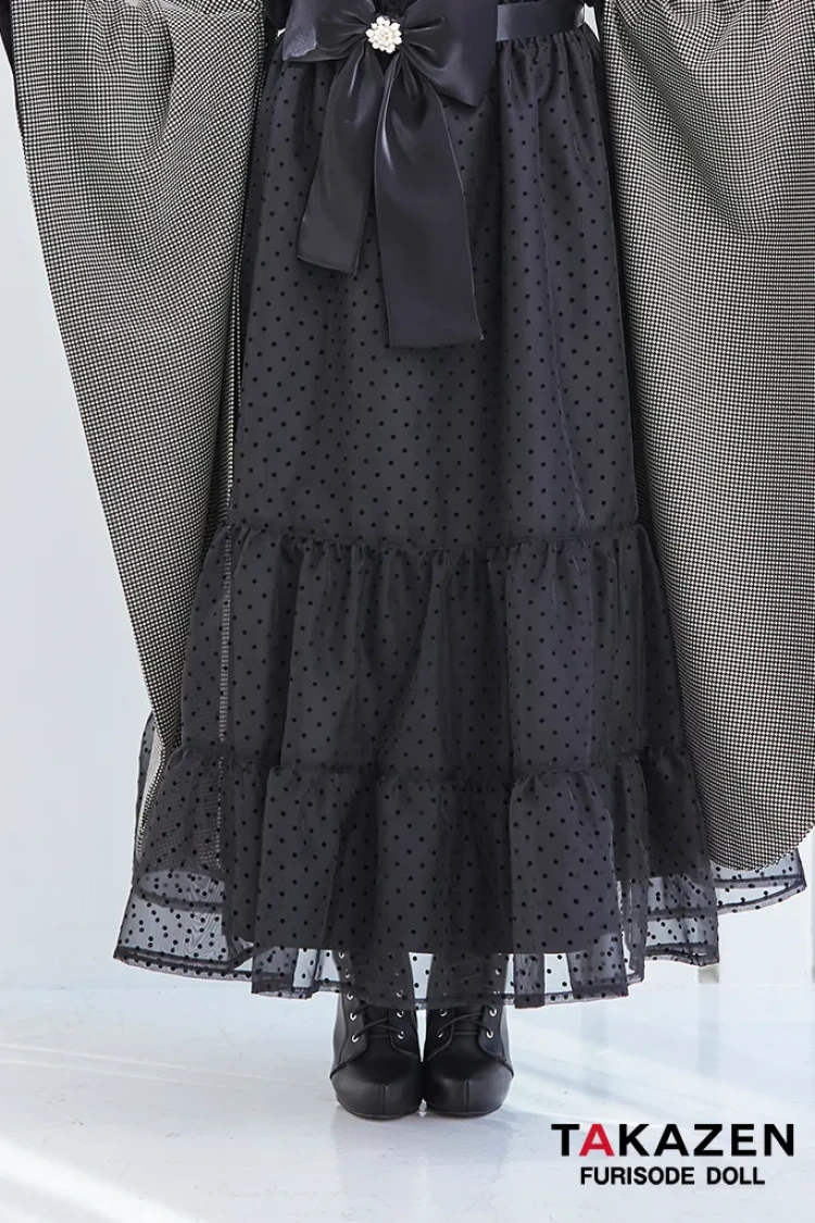 TAKAZENのレンタル袴 ヴィンテージスタイル袴 黒/グレー 千鳥柄 モノトーン おしゃれ アンティーク調 ガーリー リボン付きドレス袴 香川るな【通販可】LH7