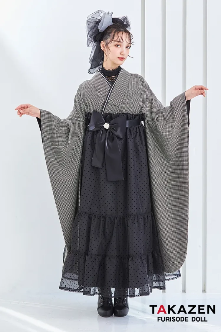 TAKAZENのレンタル袴 ヴィンテージスタイル袴 黒/グレー 千鳥柄 モノトーン おしゃれ アンティーク調 ガーリー リボン付きドレス袴 香川るな【通販可】LH7