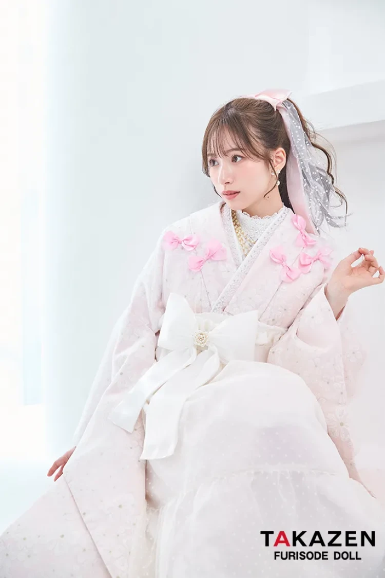 TAKAZENのレンタル袴 キュート＆ガーリー袴　ピンク　リボン付き　一番かわいい　ラブリー　リボン付きドレス袴　レースインナーコーデ　白宮みずほ【通販可】LH8