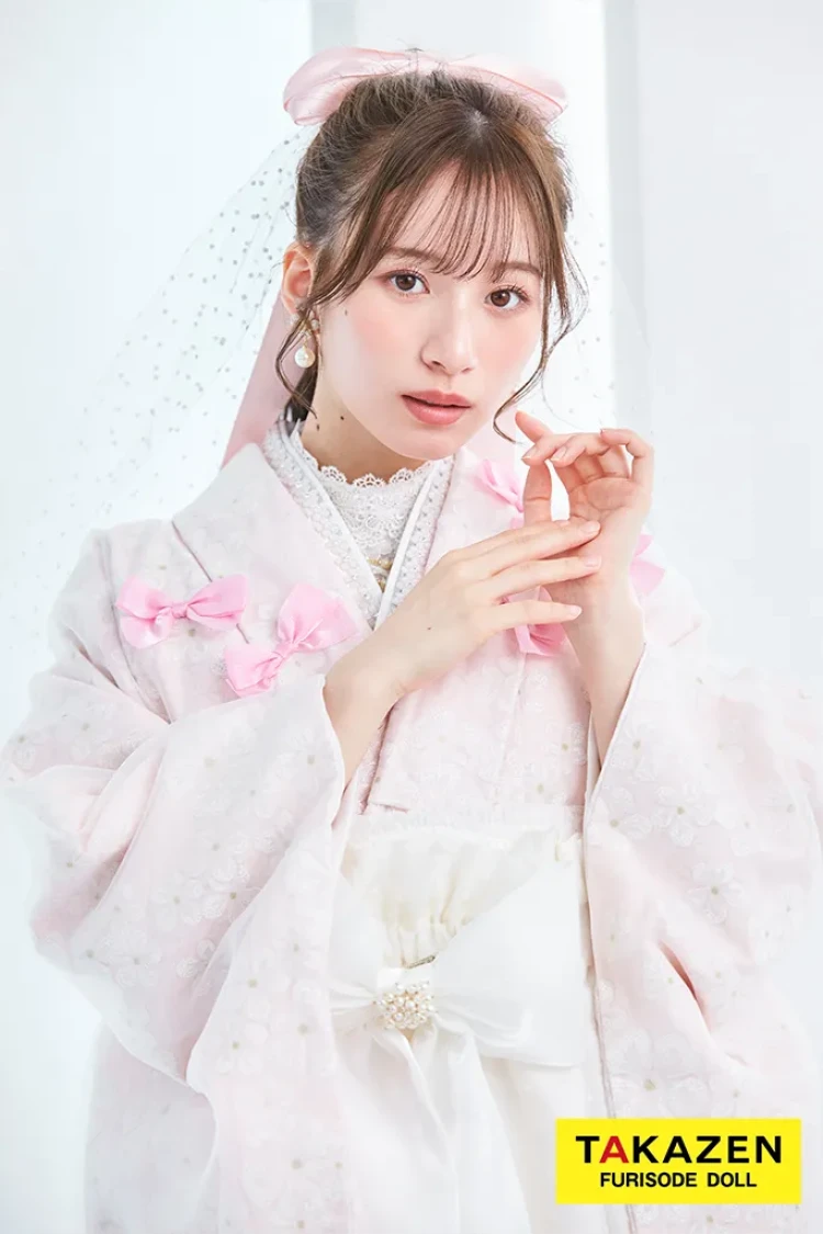 TAKAZENのレンタル袴 キュート＆ガーリー袴　ピンク　リボン付き　一番かわいい　ラブリー　リボン付きドレス袴　レースインナーコーデ　白宮みずほ【通販可】LH8