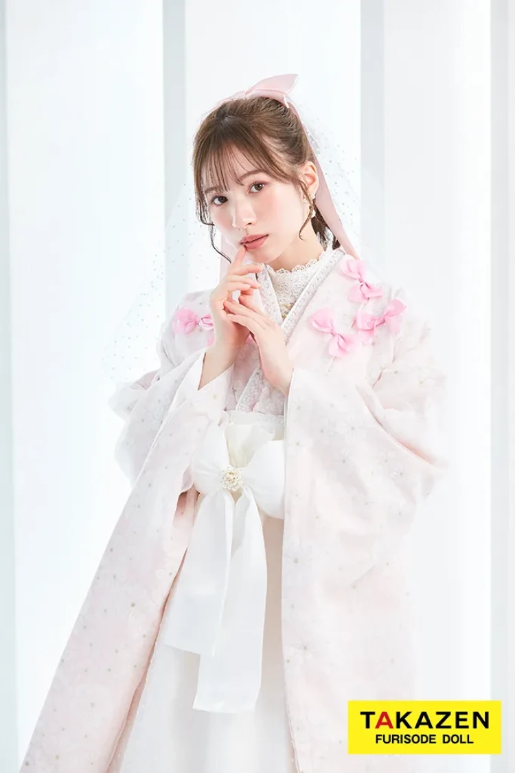 TAKAZENのレンタル袴 キュート＆ガーリー袴　ピンク　リボン付き　一番かわいい　ラブリー　リボン付きドレス袴　レースインナーコーデ　白宮みずほ【通販可】LH8