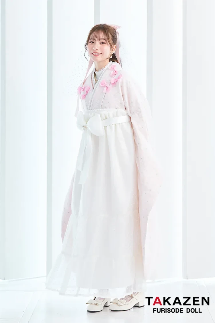 TAKAZENのレンタル袴 キュート＆ガーリー袴　ピンク　リボン付き　一番かわいい　ラブリー　リボン付きドレス袴　レースインナーコーデ　白宮みずほ【通販可】LH8