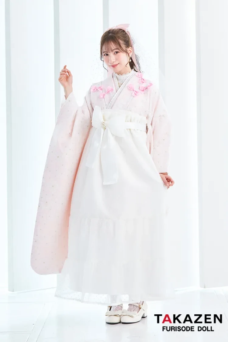TAKAZENのレンタル袴 キュート＆ガーリー袴　ピンク　リボン付き　一番かわいい　ラブリー　リボン付きドレス袴　レースインナーコーデ　白宮みずほ【通販可】LH8