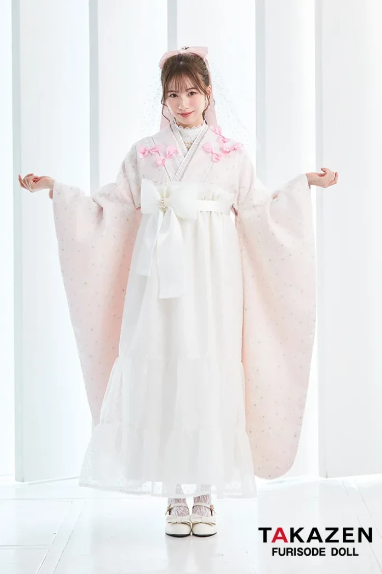TAKAZENのレンタル袴 キュート＆ガーリー袴　ピンク　リボン付き　一番かわいい　ラブリー　リボン付きドレス袴　レースインナーコーデ　白宮みずほ【通販可】LH8