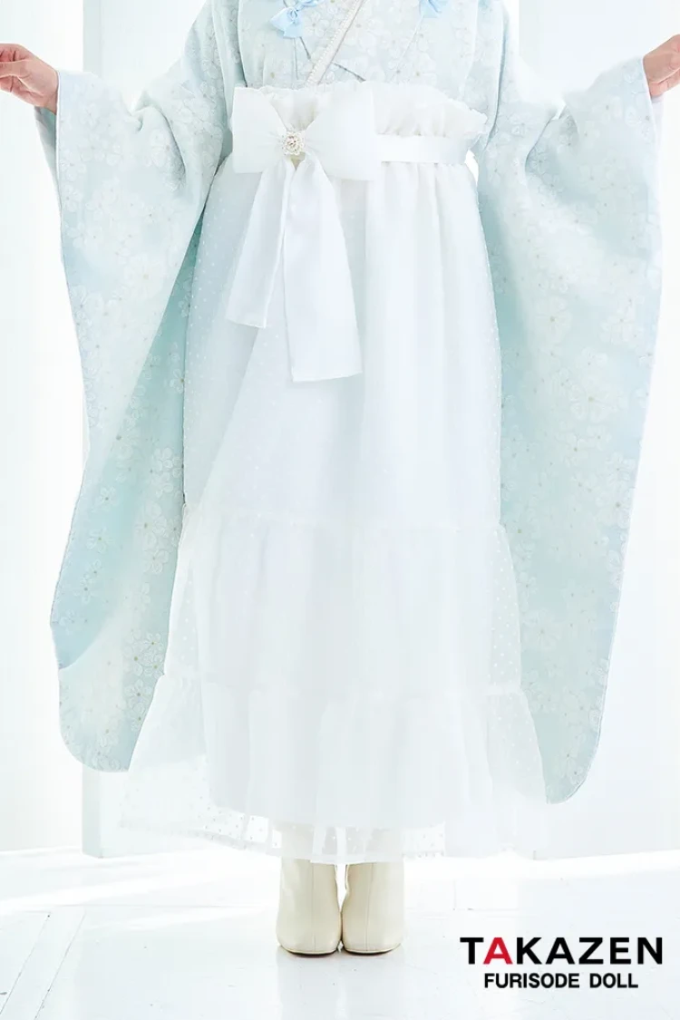 TAKAZENのレンタル袴 キュート&ガーリー袴 水色 リボン付き かわいい オーガンジー リボン付きドレス袴 レースインナーコーデ 香川るな【通販可】LH9