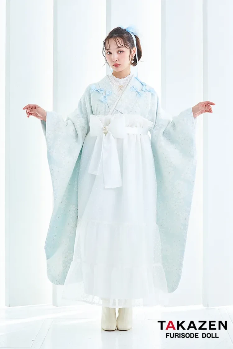 TAKAZENのレンタル袴 キュート&ガーリー袴 水色 リボン付き かわいい オーガンジー リボン付きドレス袴 レースインナーコーデ 香川るな【通販可】LH9