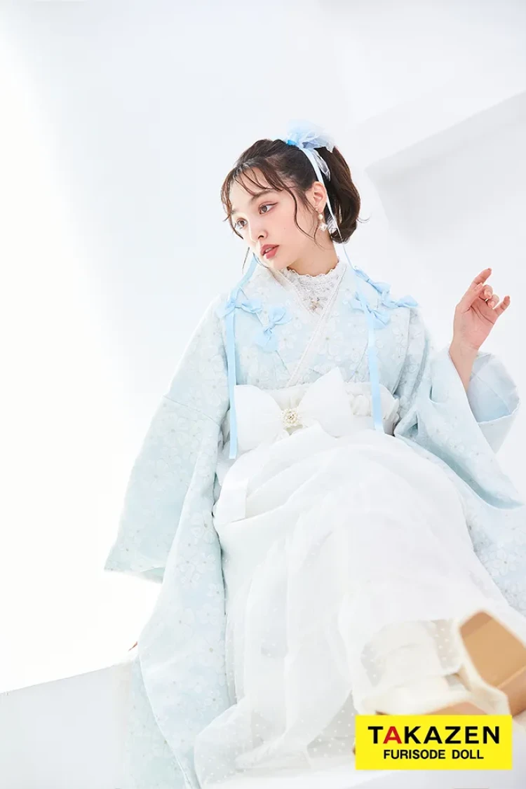 TAKAZENのレンタル袴 キュート&ガーリー袴 水色 リボン付き かわいい オーガンジー リボン付きドレス袴 レースインナーコーデ 香川るな【通販可】LH9