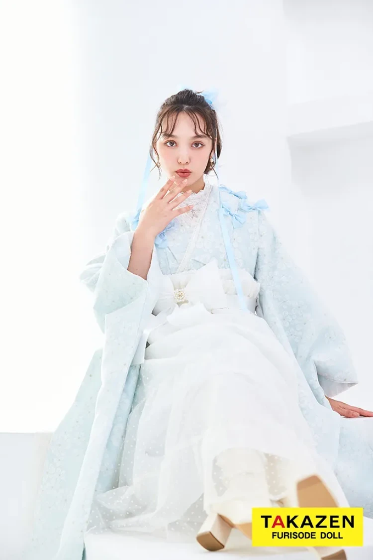 TAKAZENのレンタル袴 キュート&ガーリー袴 水色 リボン付き かわいい オーガンジー リボン付きドレス袴 レースインナーコーデ 香川るな【通販可】LH9