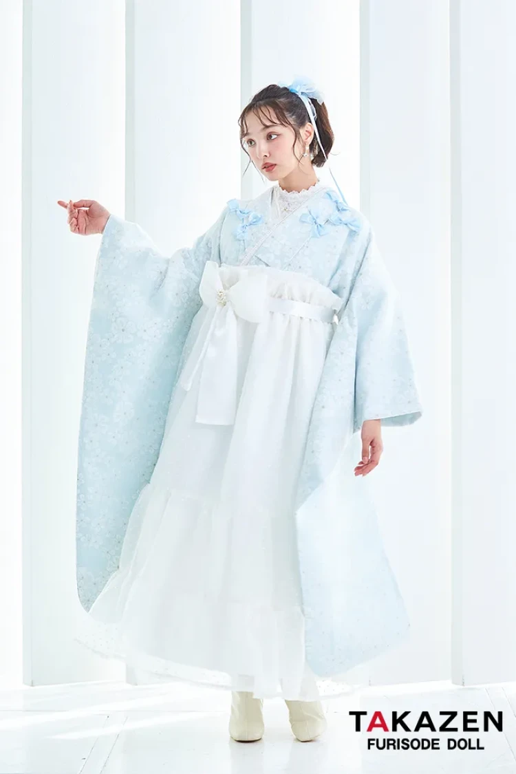 TAKAZENのレンタル袴 キュート&ガーリー袴 水色 リボン付き かわいい オーガンジー リボン付きドレス袴 レースインナーコーデ 香川るな【通販可】LH9
