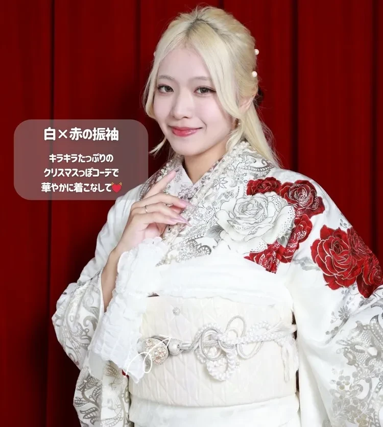 成人式　振袖　白赤　おしゃれ