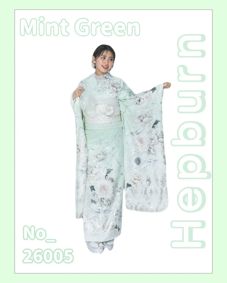 振袖レンタル　ヘップバーンコスメカラー　ミントグリーン/くすみ系　薔薇柄　キラキラ　スワロフスキー/パール付き　フェミニン　ガーリー　キルティング帯　香音【通販可】26005