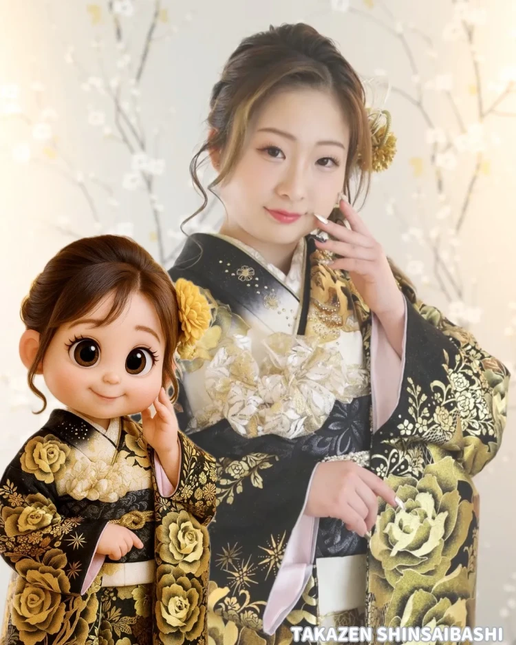 振袖レンタル　成人式　なんば　心斎橋　天王寺　大阪　人気タカゼンオリジナルかわいい人気ギラギラゴールドブラックTAKAZEN心斎橋店可愛い