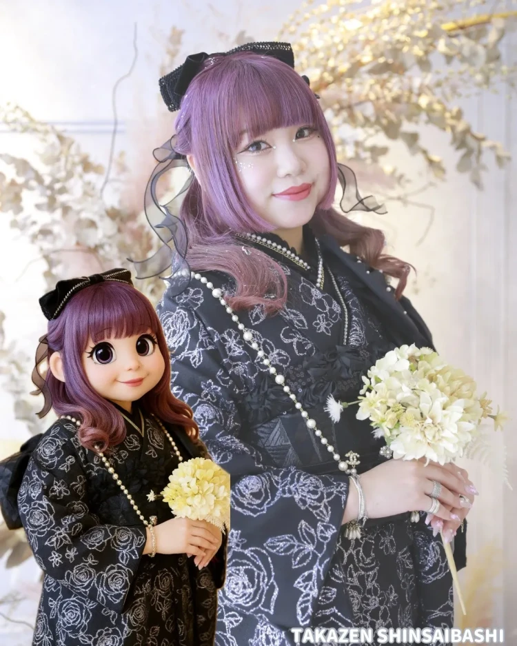 振袖レンタル　成人式　なんば　心斎橋　天王寺　大阪　人気TAKAZEN心斎橋店可愛いキラキラタカゼンオリジナルヘップバーンラメ振袖黒色