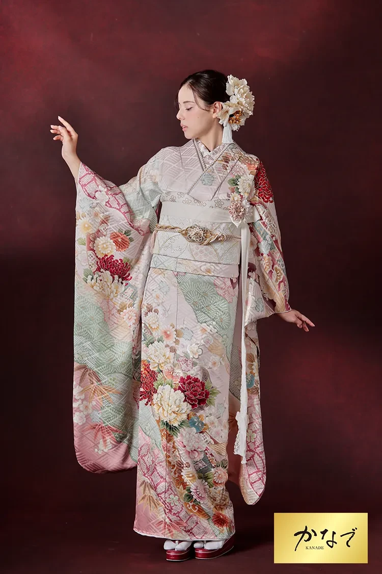 TAKAZENのレンタル振袖 正統派古典　ピンク　牡丹柄　はんなり　上品　かわいらしい　大人っぽい和柄【通販可】K1284