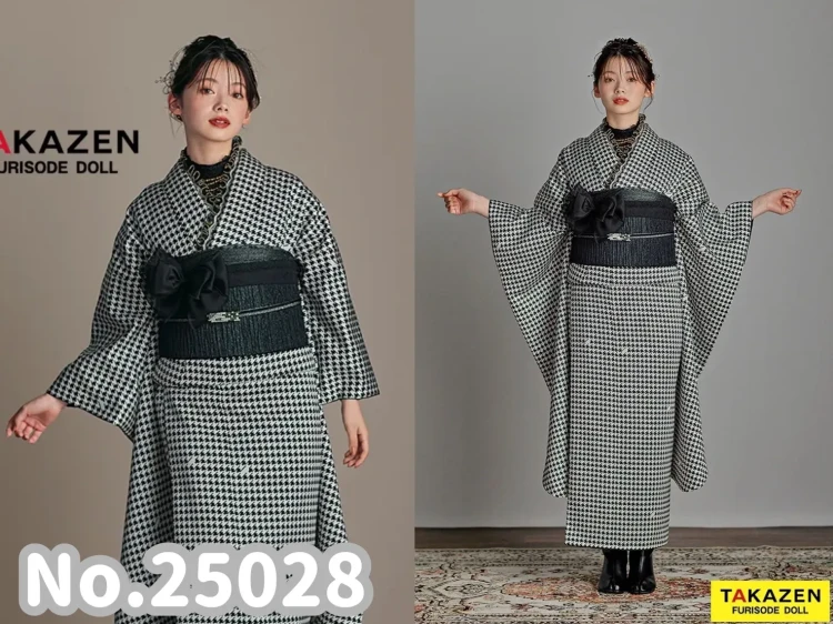 TAKAZEN橿原　奈良　橿原　成人式　振袖　振袖レンタル　前撮り　卒業式　袴レンタルヴィンテージスタイル　黒/白/モノトーン　千鳥柄　かわいい　アンティーク調　レースインナー/ブーツスタイル　南琴奈【通販可】25028