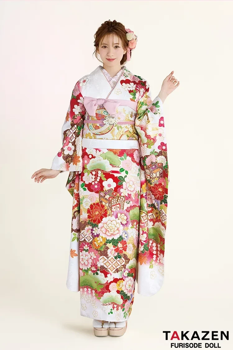 TAKAZEN橿原　奈良　橿原　成人式　振袖　振袖レンタル　前撮り　卒業式　袴レンタル正統派古典　白/赤　御所車柄/牡丹柄　吉澤織物/最高級金彩手描友禅　おしとやか　はんなり　上品　高級振袖　白宮みずほ【通販可】26016
