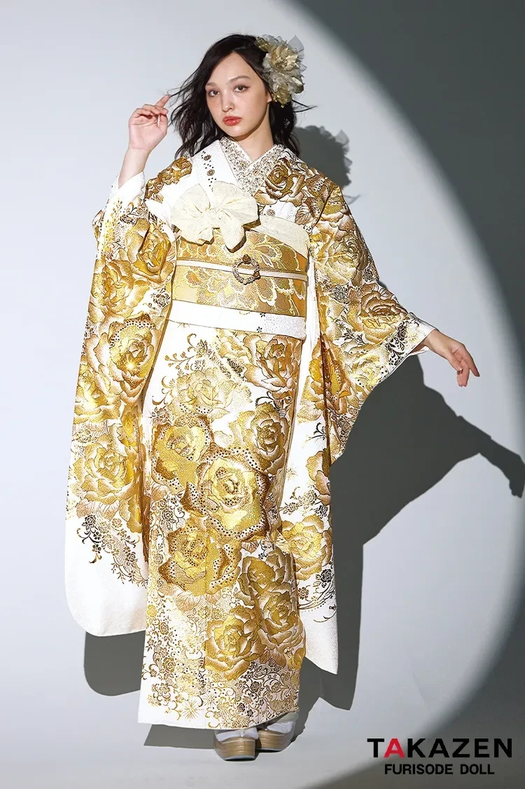 TAKAZEN奈良　振袖レンタル　成人式　モード系　白金/ゴールド　薔薇柄　ゴージャス　キラキラ振袖　スワロフスキー付き　派手　一番目立つ　セクシー　ラグジュアリー　香川るな