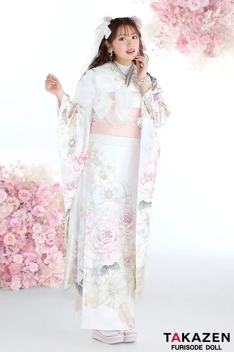 振袖レンタル　ヘップバーン最新作　コスメカラー　白ピンク　薔薇柄/リボン柄　一番かわいい　ガーリー　キラキラ　スワロフスキー・パール付き　香音【通販可】27002