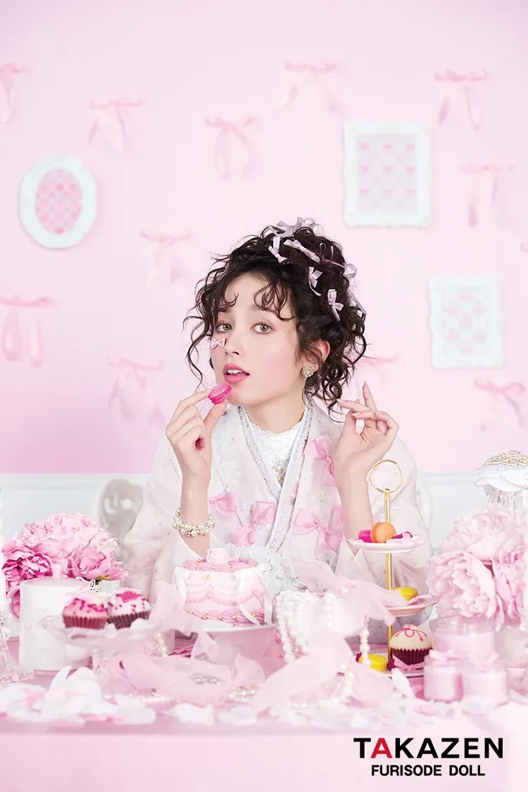 最新作キュート＆ガーリー　ピンク　リボン付き　オーガンジー/レース　一番かわいい　ラブリー　レースインナー　洋風　姫系　周防ジゼル　TAKAZEN奈良　振袖　レンタル　成人式