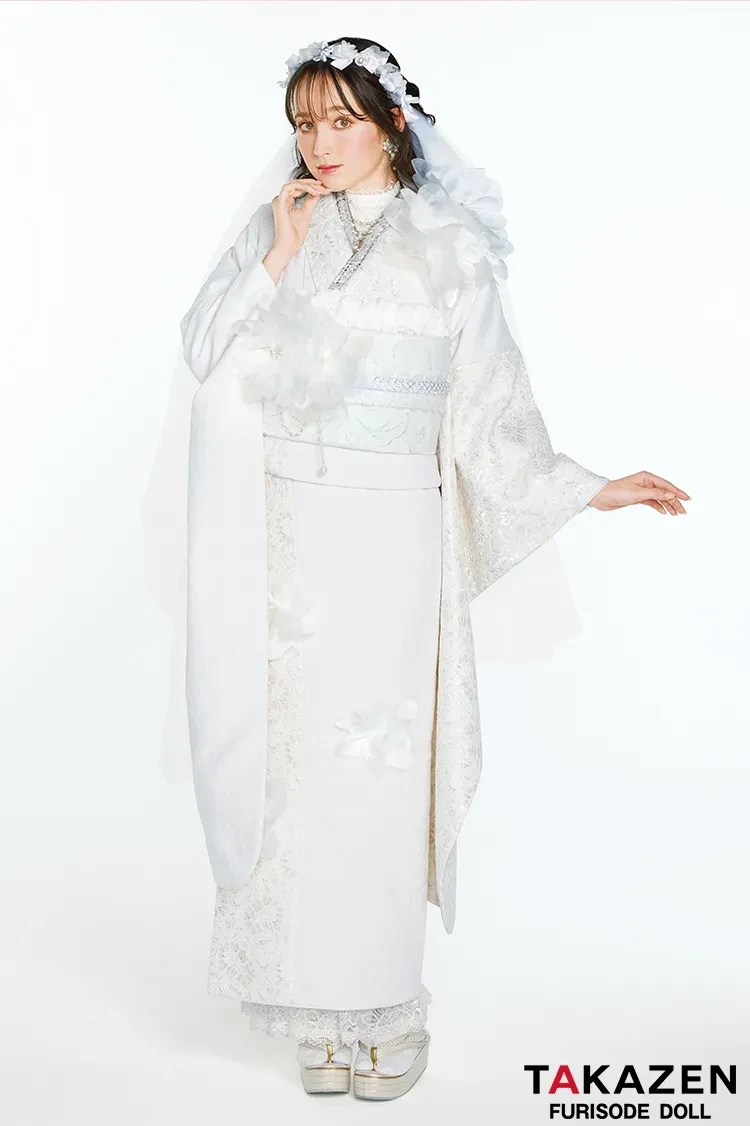 TAKAZEN橿原　奈良　橿原　成人式　振袖　振袖レンタル　前撮り　卒業式　袴レンタル最新作ヘップバーンシュシュ　白/オールホワイトコーデ　シフォンフラワー　ジャガード生地/レース　ワンホンスタイル　おしゃれな振袖　レースインナー　人と被らない　周防ジゼル【通販可】27018