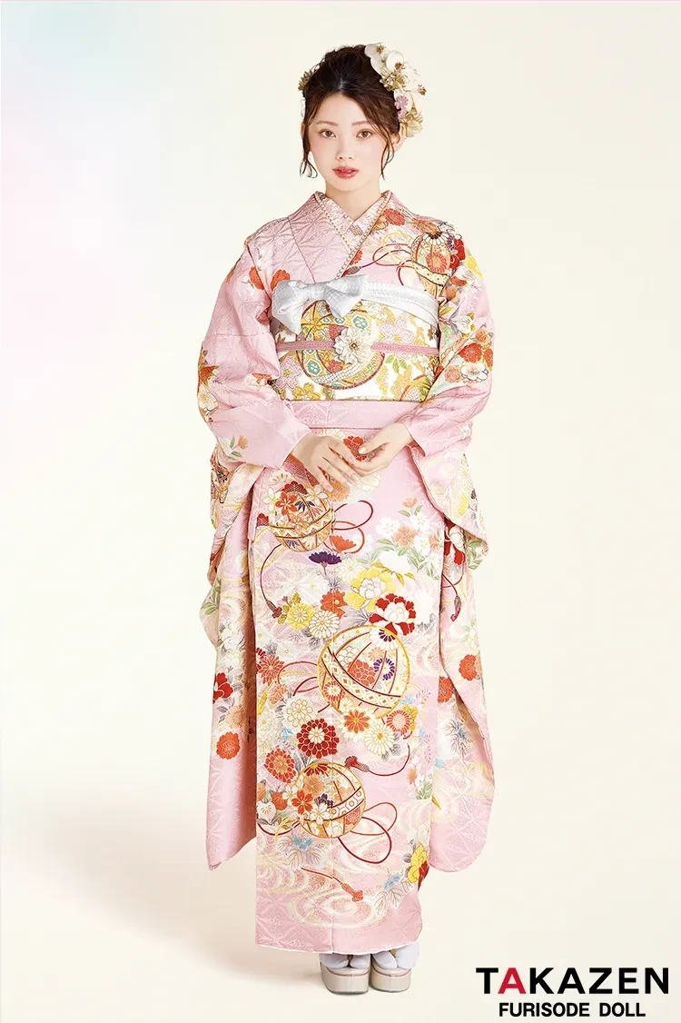 TAKAZEN奈良　振袖　レンタル　成人式　最新作正統派古典　ピンク　鞠柄/和柄　かわいい　はんなり　上品　きれいめ　王道　TAKAZENオリジナルカラー　南琴奈
