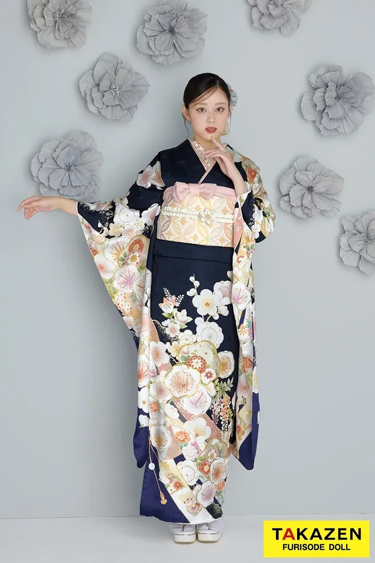 振袖レンタル 最新作くすみカラー古典 紺色/ネイビー 和柄 清楚 可愛い いまどき 上品 佐藤不二子【通販可】27060