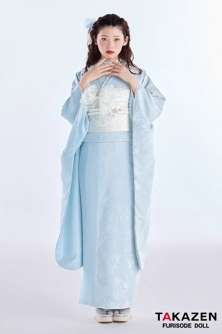 振袖レンタル 最新作ヴィンテージスタイル 水色 すっきり シンプル きれいめ スカッとした色合い フロッキー生地 南琴奈【通販可】27061