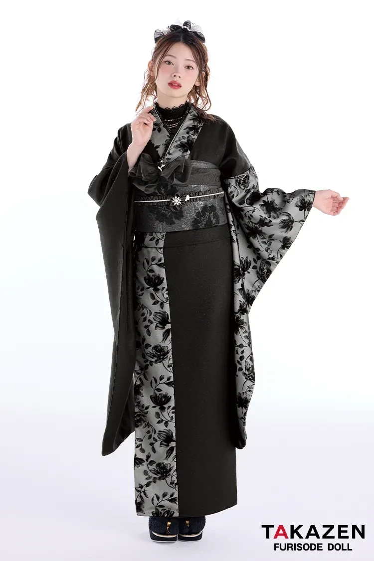 振袖レンタル　最新作ヴィンテージスタイル　黒/黒ベース　シンプル　スタイリッシュ　おしゃれ　フロッキー生地　大人っぽい　南琴奈【通販可】27063