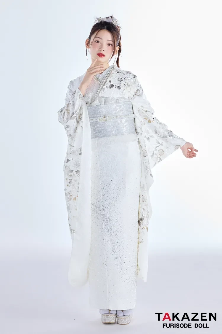 振袖レンタル　最新作ヴィンテージスタイル　白/真っ白　シンプル　きれいめ　無地/袖に柄有　キラキラグリッター　大人っぽい　南琴奈【通販可】27064