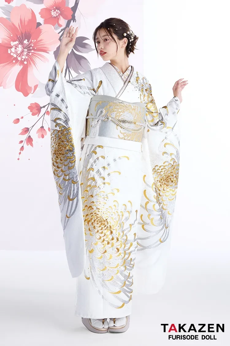 TAKAZEN奈良　振袖　レンタル　成人式　最新作粋古典　白金　乱菊柄/大柄　最高級金彩刺繍友禅　かっこいい　きれいめ　シンプル　大人っぽい　スワロフスキー付き　タカゼンオリジナル　谷田ラナ