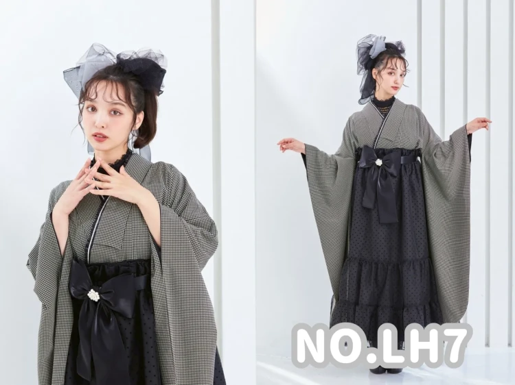 TAKAZEN橿原 奈良 橿原 成人式 振袖 振袖レンタル 前撮り 卒業式 袴レンタルヴィンテージスタイル袴 黒/グレー 千鳥柄 モノトーン おしゃれ アンティーク調 ガーリー リボン付きドレス袴 香川るな【通販可】LH7