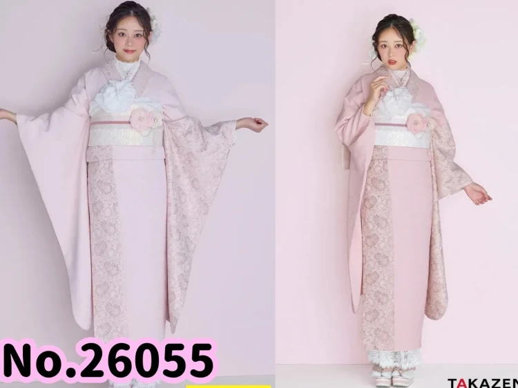 TAKAZEN橿原　奈良　橿原　成人式　振袖　振袖レンタル　前撮り　卒業式　袴レンタルくすみカラーガーリー　ピンク/淡い色　無地　レース/ジャガード生地　かわいい振袖　フェミニン　量産型　レースインナーコーデ　佐藤不二子【通販可】26055