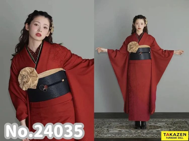 TAKAZEN橿原　奈良　　　　　橿原　成人式　振袖　振袖レンタル　前撮り　卒業式　袴レンタル　ヴィンテージスタイル　赤　無地　目立つ振袖　個性的　スタイリッシュ　シック　 ブーツスタイル　レトロ　南琴奈【通販可】24035