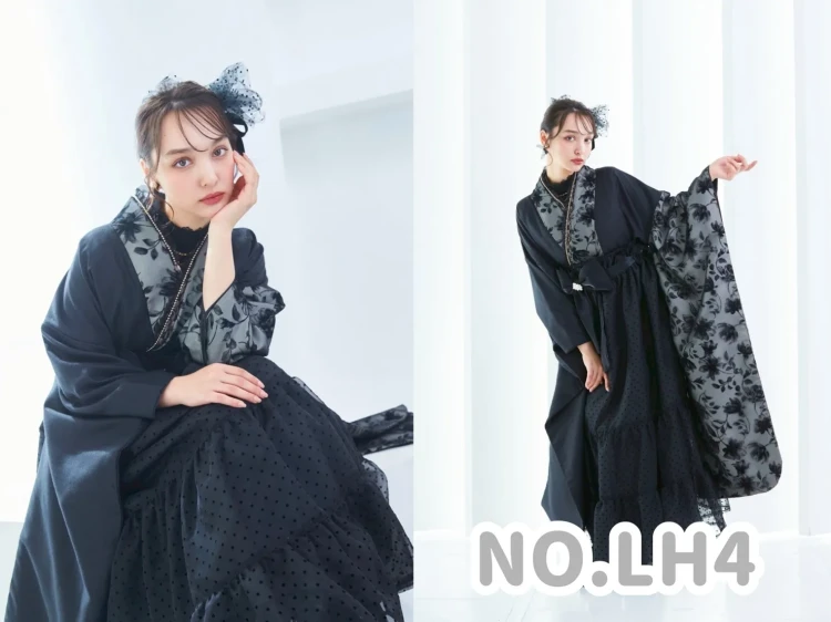 TAKAZEN橿原　奈良　橿原　成人式　振袖　振袖レンタル　前撮り　卒業式　袴レンタルヴィンテージスタイル袴　黒/ブラック　フロッキー生地　おしゃれ　スタイリッシュ　リボン付きドレス袴　香川るな【通販可】LH4