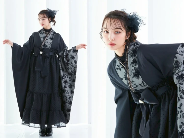 TAKAZEN橿原　奈良　橿原　成人式　振袖　振袖レンタル　前撮り　卒業式　袴レンタルヴィンテージスタイル袴　黒/ブラック　フロッキー生地　おしゃれ　スタイリッシュ　リボン付きドレス袴　香川るな【通販可】LH4