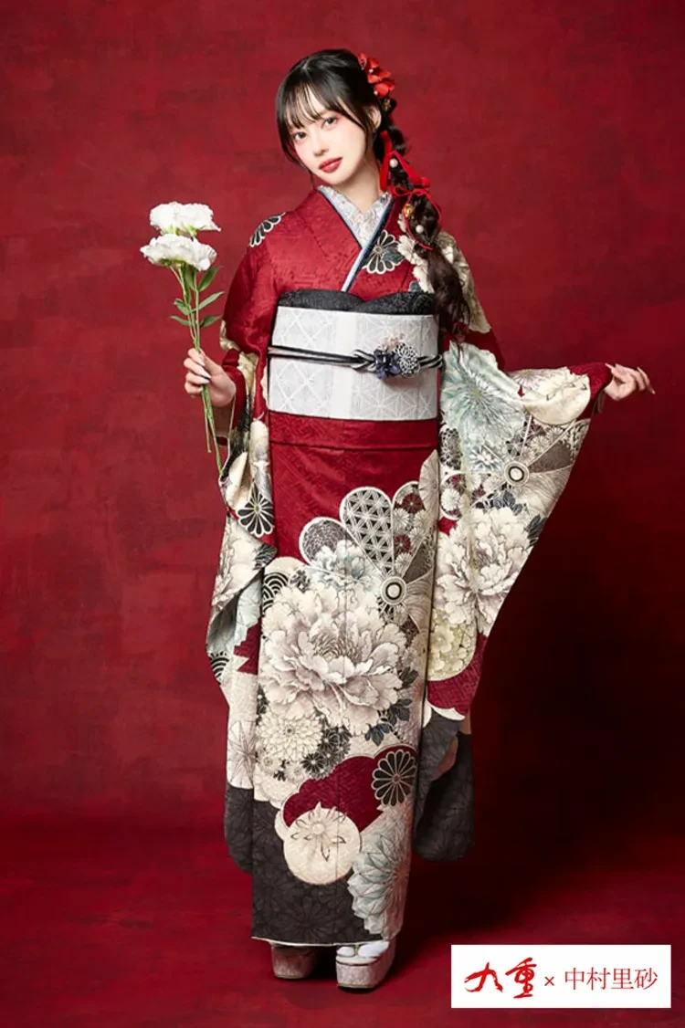 華やかな赤い振袖今だけ9000円！ 九重×中村里砂ブランド振袖 古典柄 赤 大柄 華やか 目立つ きれいめ和