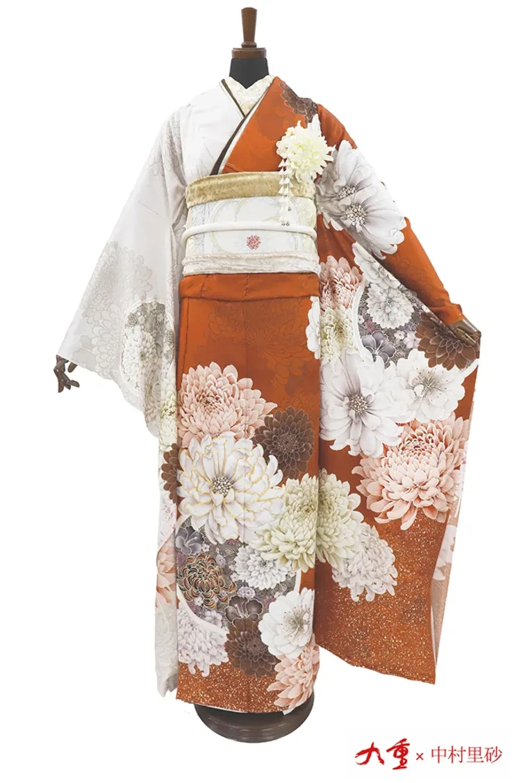 九重×中村里砂ブランド振袖 オレンジ 牡丹柄 大柄 おしゃれ 人と被ら