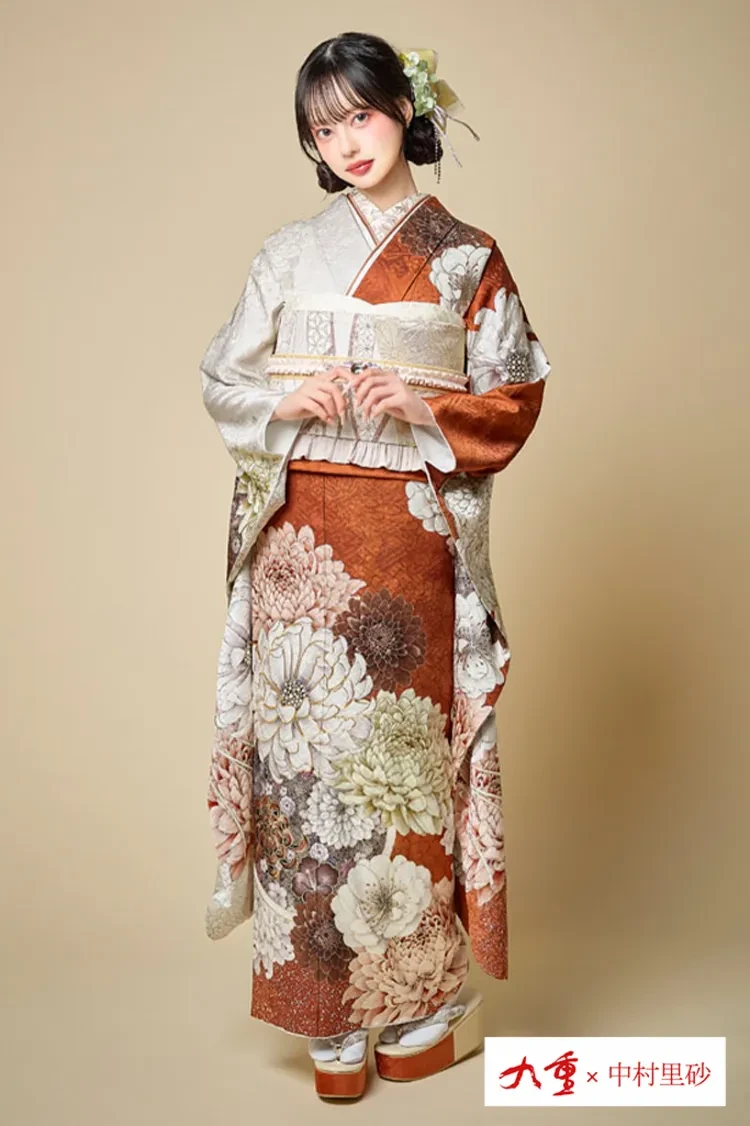 九重×中村里砂ブランド振袖 オレンジ 牡丹柄 大柄 おしゃれ 人と被ら