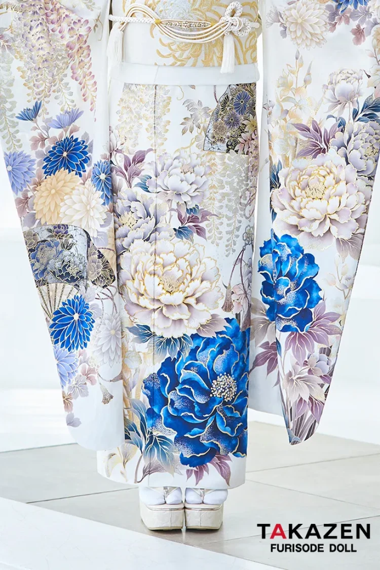 TAKAZENのレンタル振袖 正統派古典　白/青　假屋崎省吾デザイン　スワロフスキー付き　華やか　豪華　きれいめ【通販可】LB50